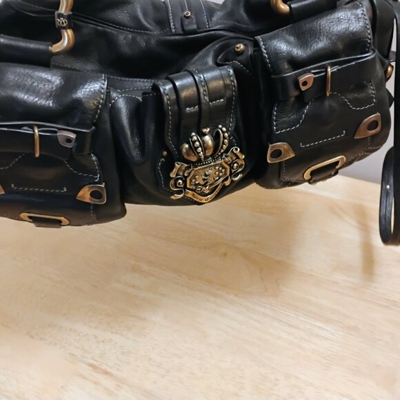 Juicy Couture BLACK LEATHER satchel Logo legacy Bag purse  ICONIC - Picture 7 of 13